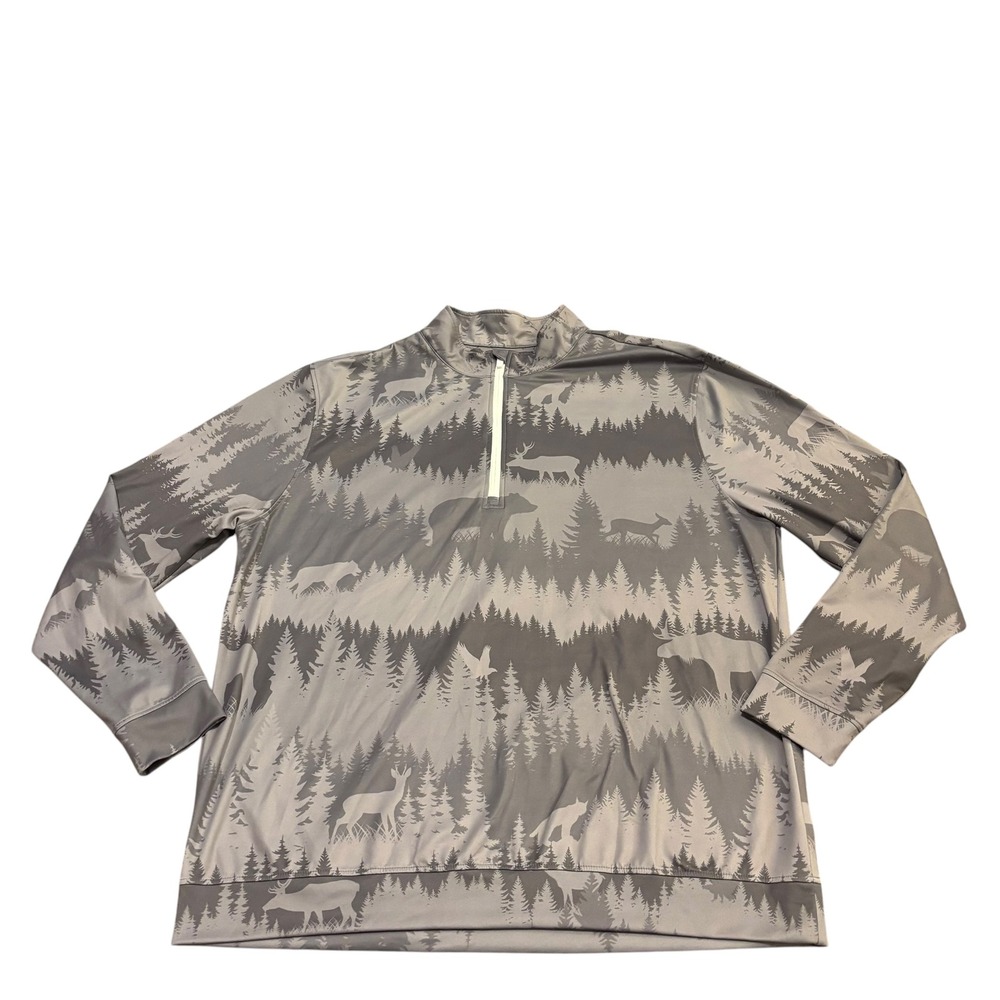 Waggle Mens 2XL Grey Forest Wildlife Print Quarter Zip Performance Pullover
